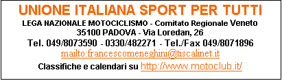 Casella di testo: UNIONE ITALIANA SPORT PER TUTTI
LEGA NAZIONALE MOTOCICLISMO - Comitato Regionale Veneto
35100 PADOVA - Via Loredan, 26
Tel. 049/8073590 - 0330/482271 - Tel./Fax 049/8071896
mailto:francescomeneghini@tiscalinet.it
Classifiche e calendari su http://www.motoclub.it/ 
